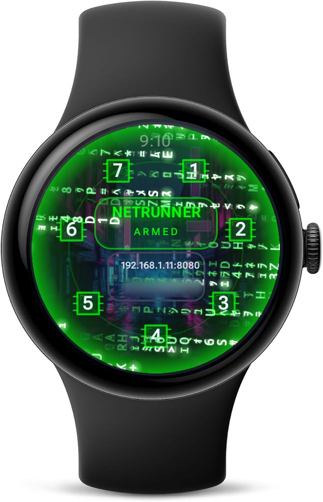 CosNFX HUD on a real watch — the Netrunner identity, ring of gesture buttons over a cyberpunk backdrop